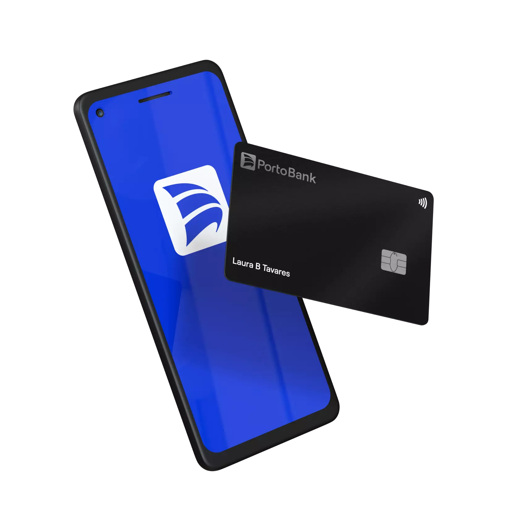 Celular azul com cartão Porto Bank preto em destaque